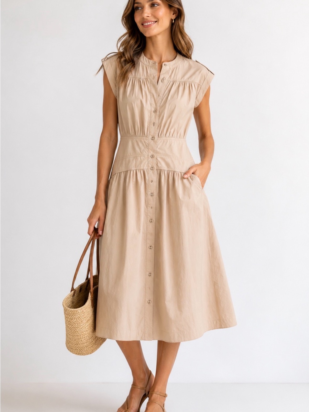NWT Area Stars Beige Cotton Midi Shirt Dress Button Front Gathered Waist Size S